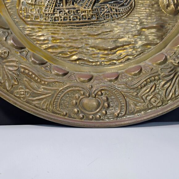 Vtg Embossed 3D Copper Wall Plate Decor Of A Ship Sailing Along The Sea - Picture 7 of 11